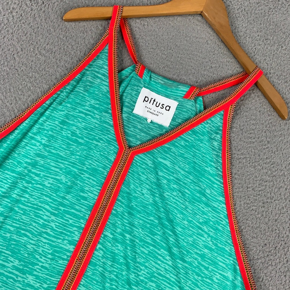 Pitusa V-Back Tank Top Womens Standard Green Space Dye Embroidered Trim Casual - Picture 3 of 9
